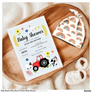 Boys Rustic Blue Farm Tractor Baby Shower Invitation