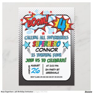Boys Superhero 4th Birthday Invitation