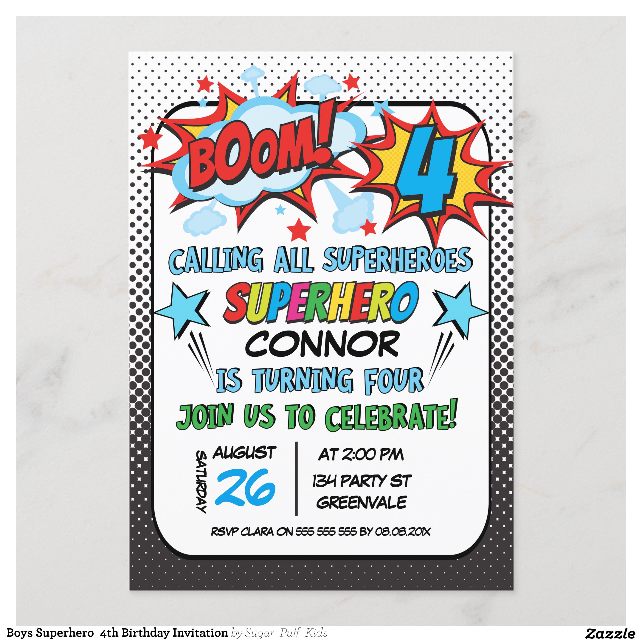 Boys Superhero 4th Birthday Invitation