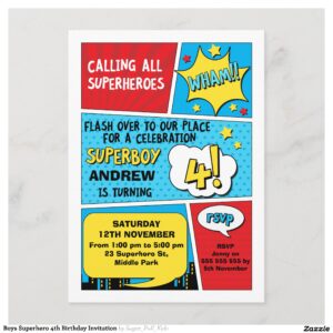 Boys Superhero 4th Birthday Invitation