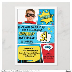 Boys Superhero Photo 5th Birthday Invitation