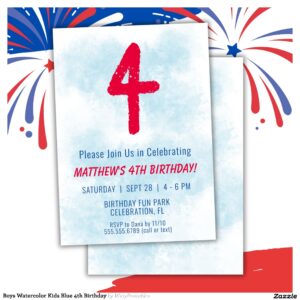 Boys Watercolor Kids Blue 4th Birthday Invitation