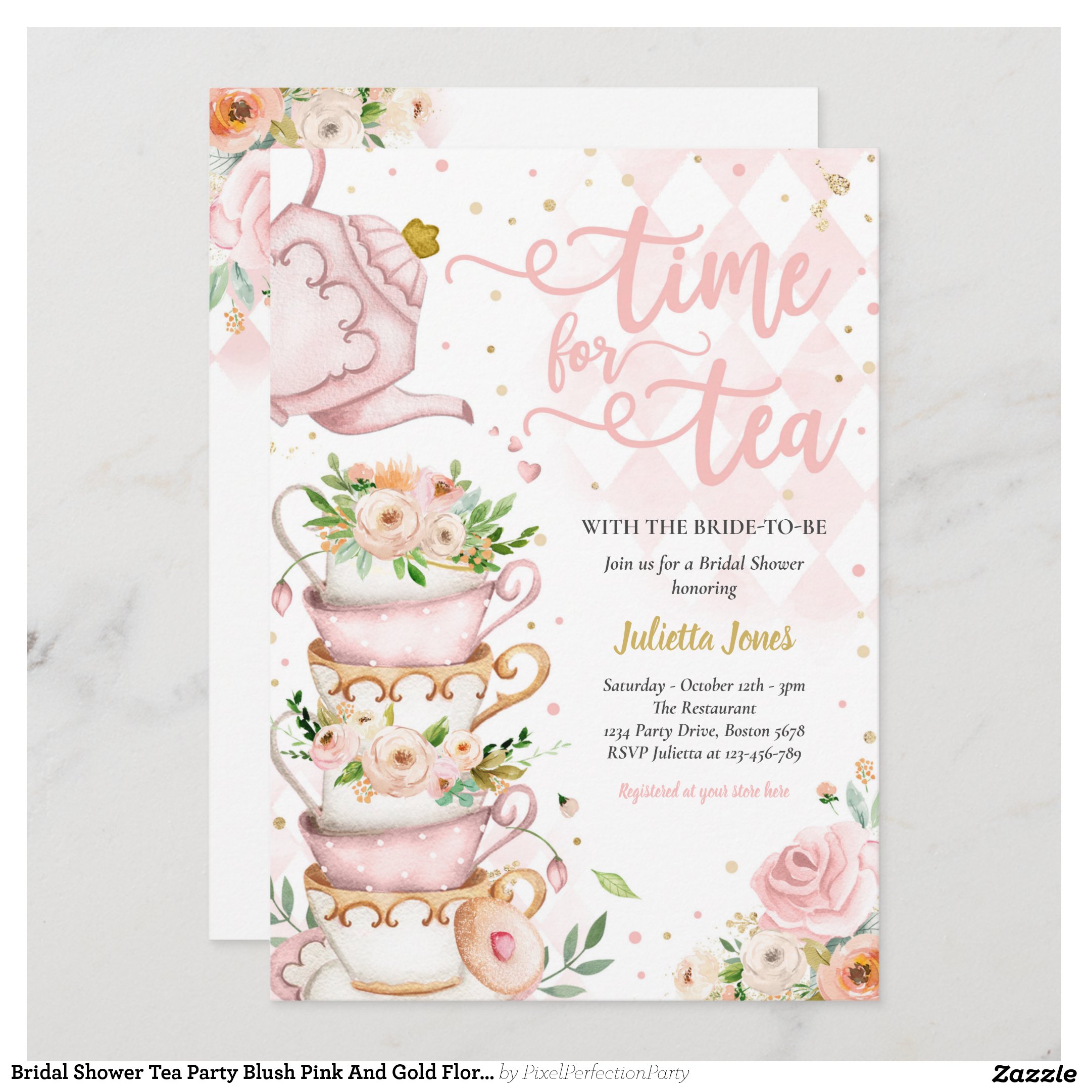 Bridal Shower Tea Party Blush Pink And Gold Floral Invitation