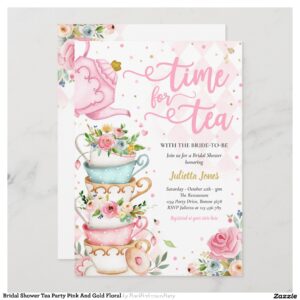 Bridal Shower Tea Party Pink And Gold Floral Invitation