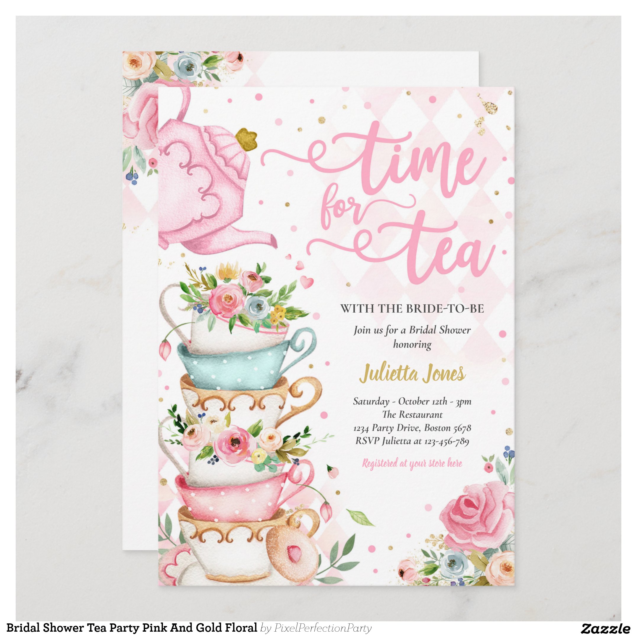 Bridal Shower Tea Party Pink And Gold Floral Invitation