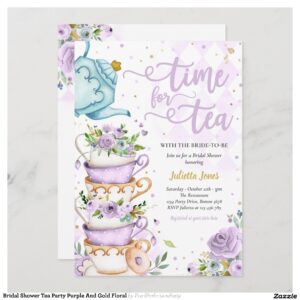 Bridal Shower Tea Party Purple And Gold Floral Invitation