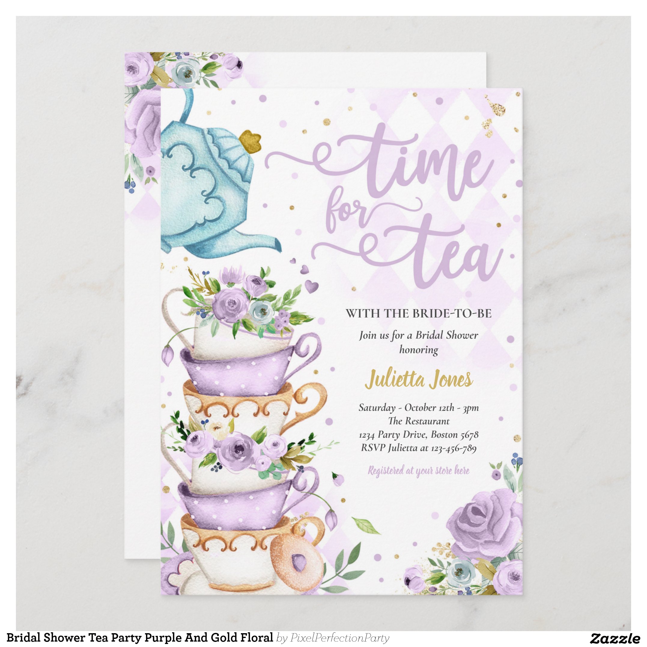 Bridal Shower Tea Party Purple And Gold Floral Invitation