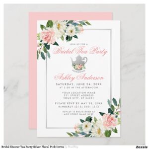 Bridal Shower Tea Party Silver Floral Pink Invite