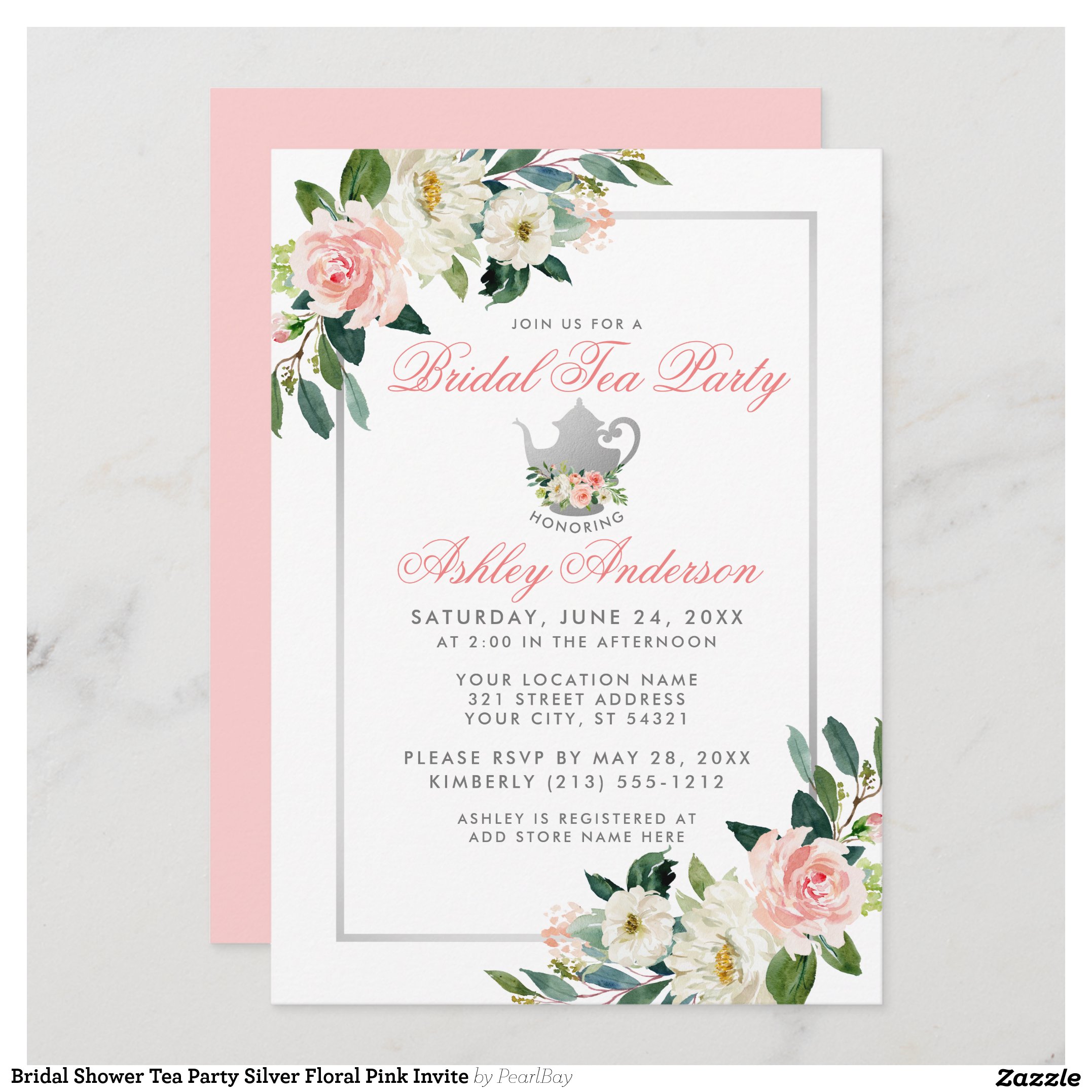 Bridal Shower Tea Party Silver Floral Pink Invite