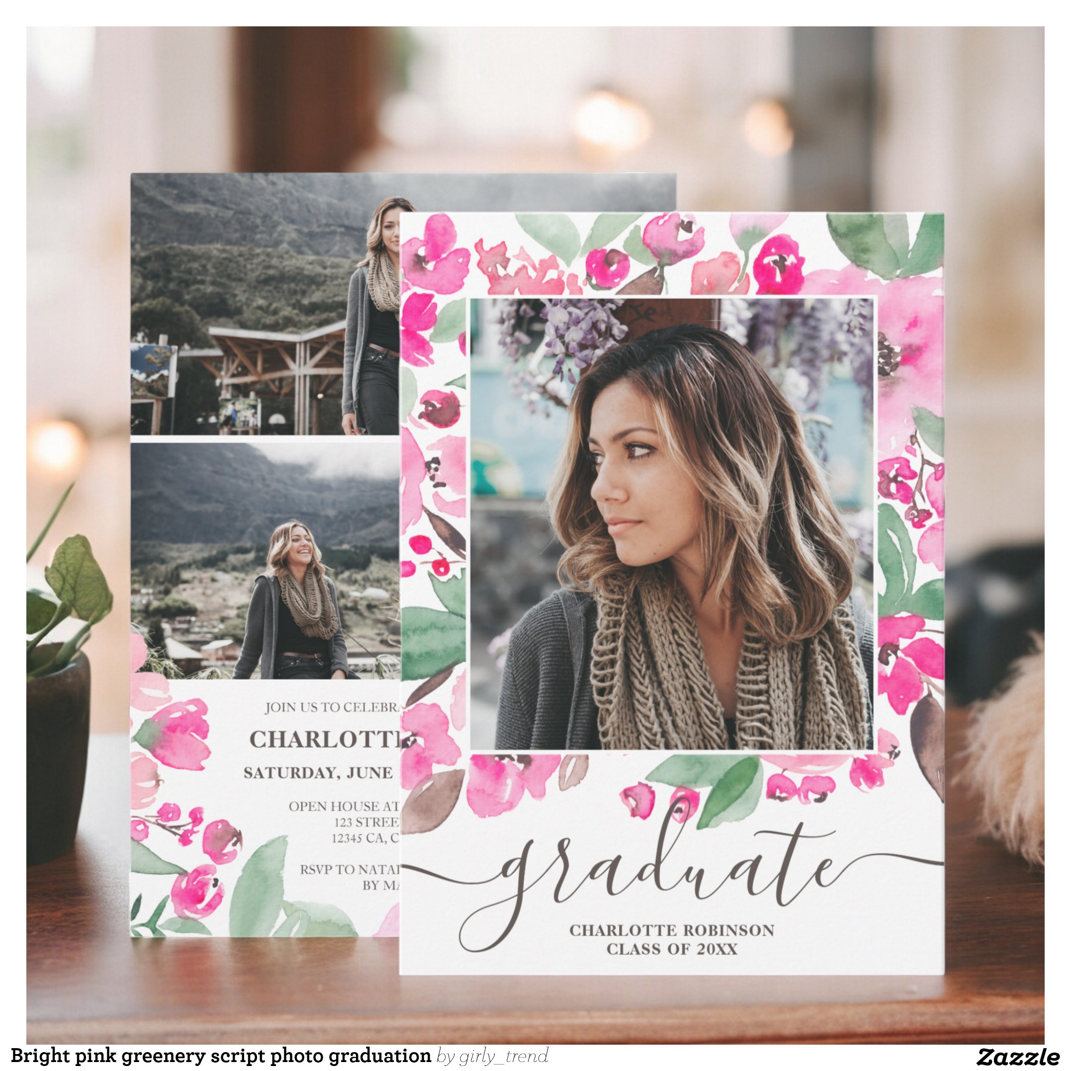 Bright pink greenery script photo graduation invitation