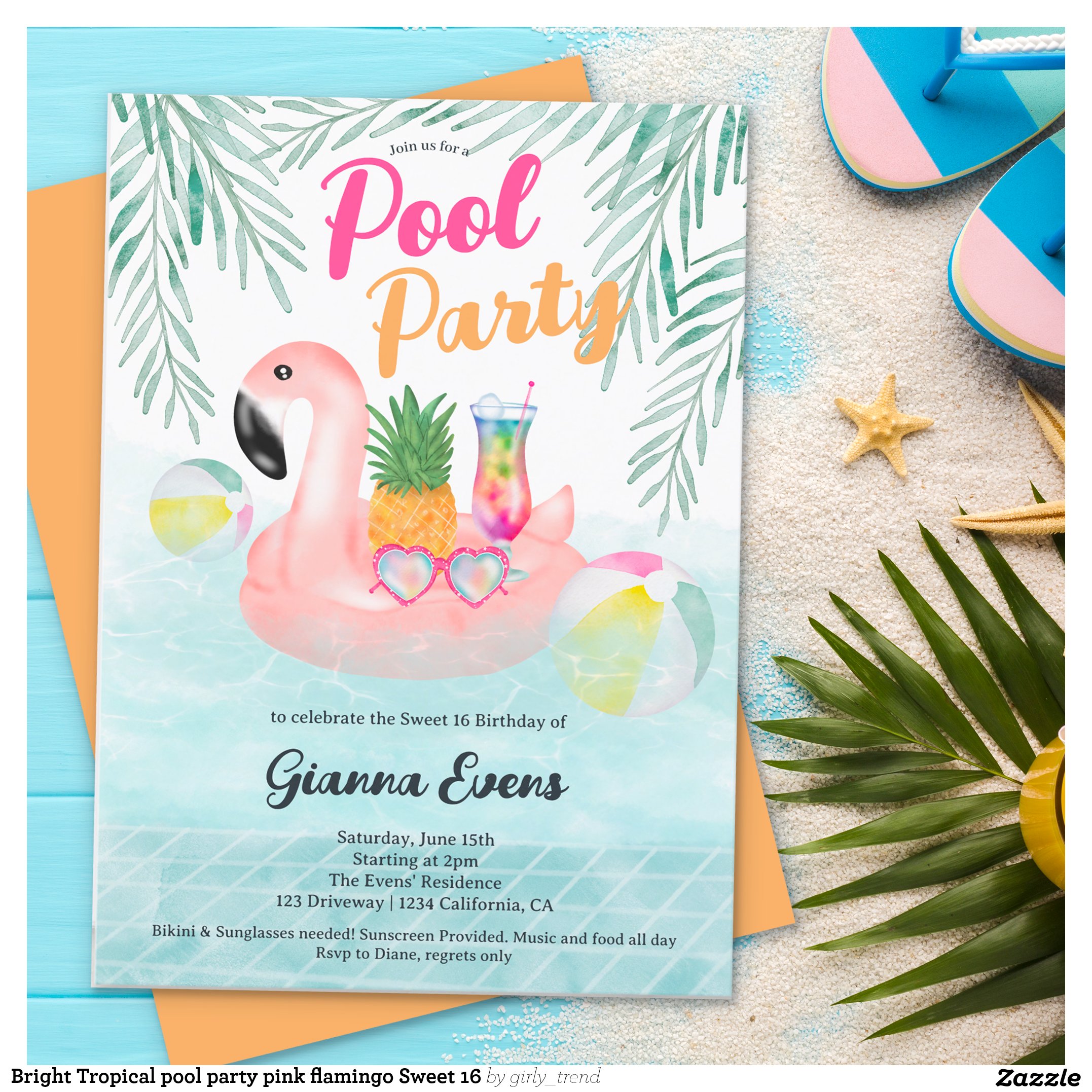 Bright Tropical pool party pink flamingo Sweet 16 Invitation
