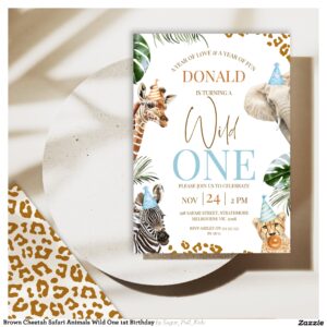 Brown Cheetah Safari Animals Wild One 1st Birthday Invitation