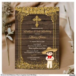 Brown & Gold Mexican Charro baptism & 3rd Birthday Invitation