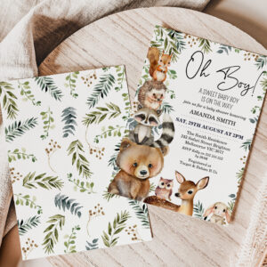 Brown Oh Boy Woodland Foliage Baby Shower Invitation