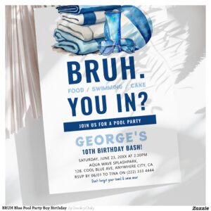 BRUH Blue Pool Party Boy Birthday Invitation