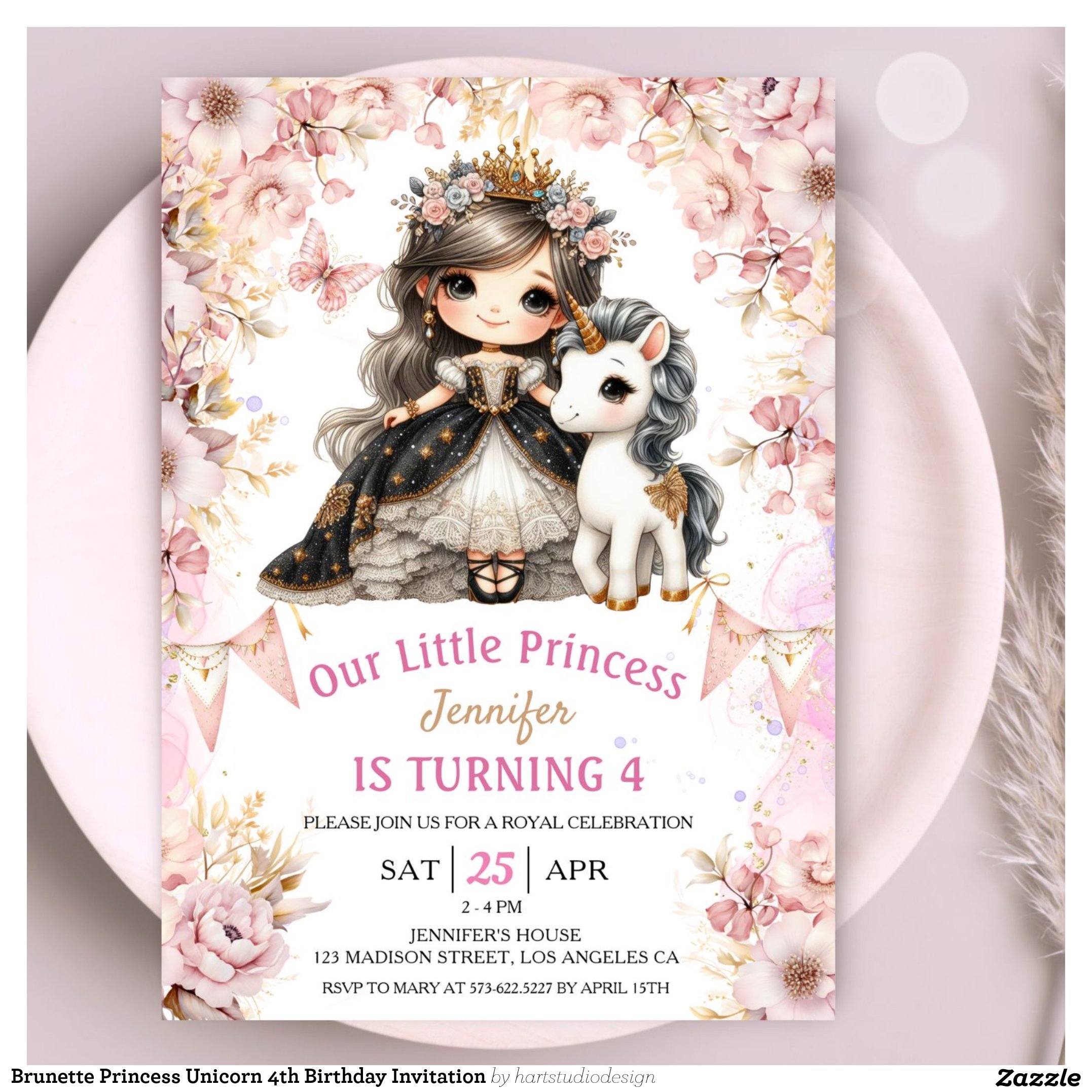 Brunette Princess Unicorn 4th Birthday Invitation