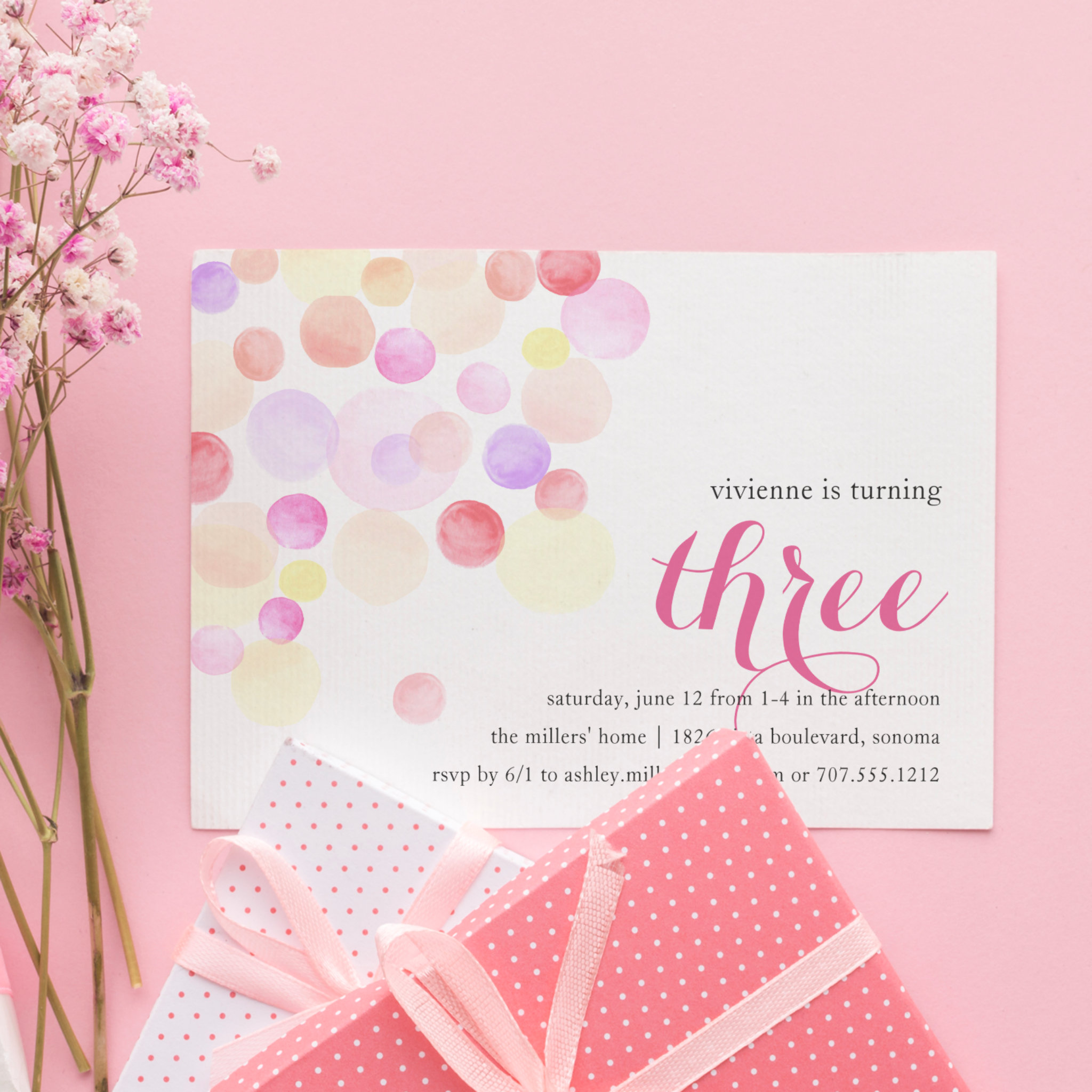 Bubbly Watercolor Third Birthday Invitation