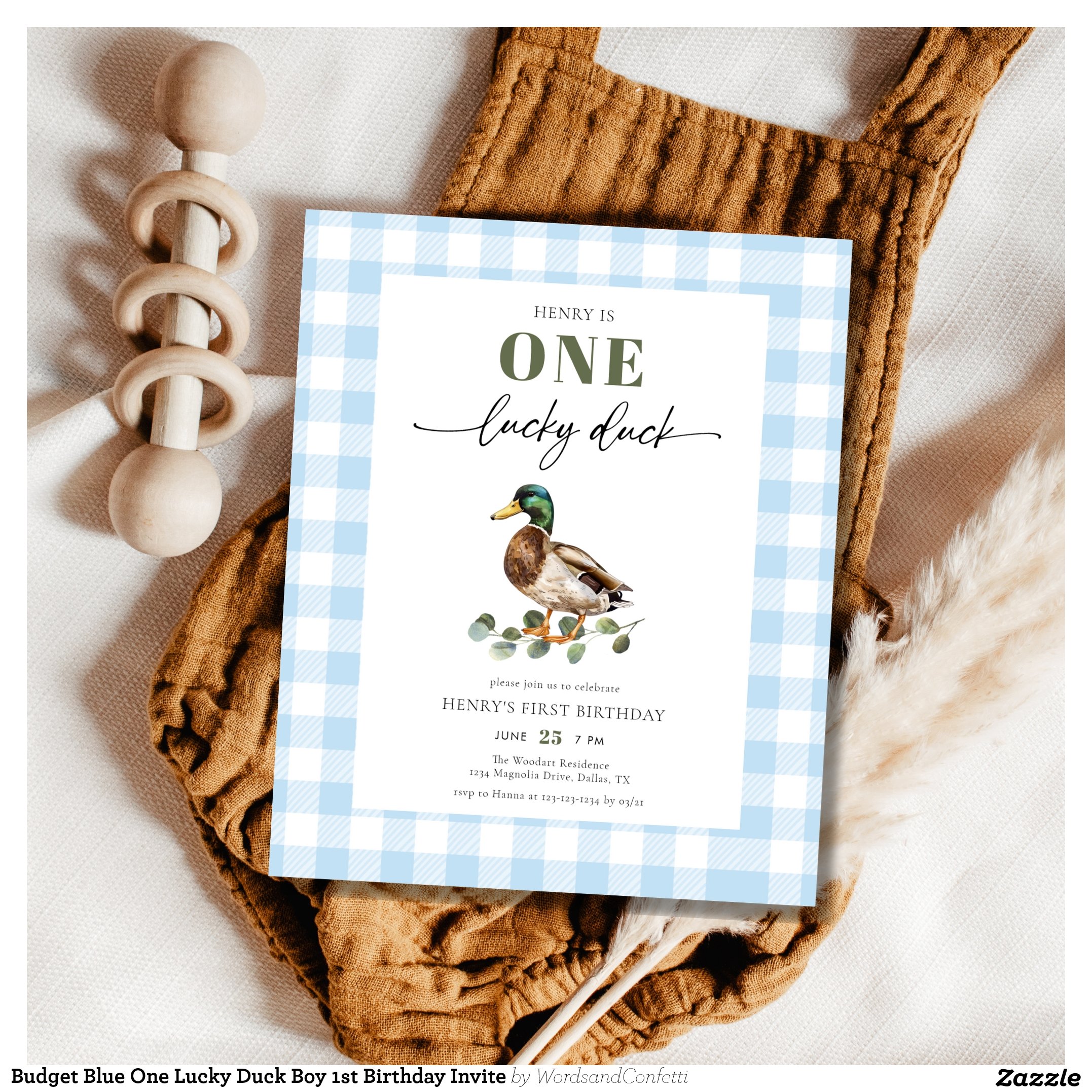 Budget Blue One Lucky Duck Boy 1st Birthday Invite