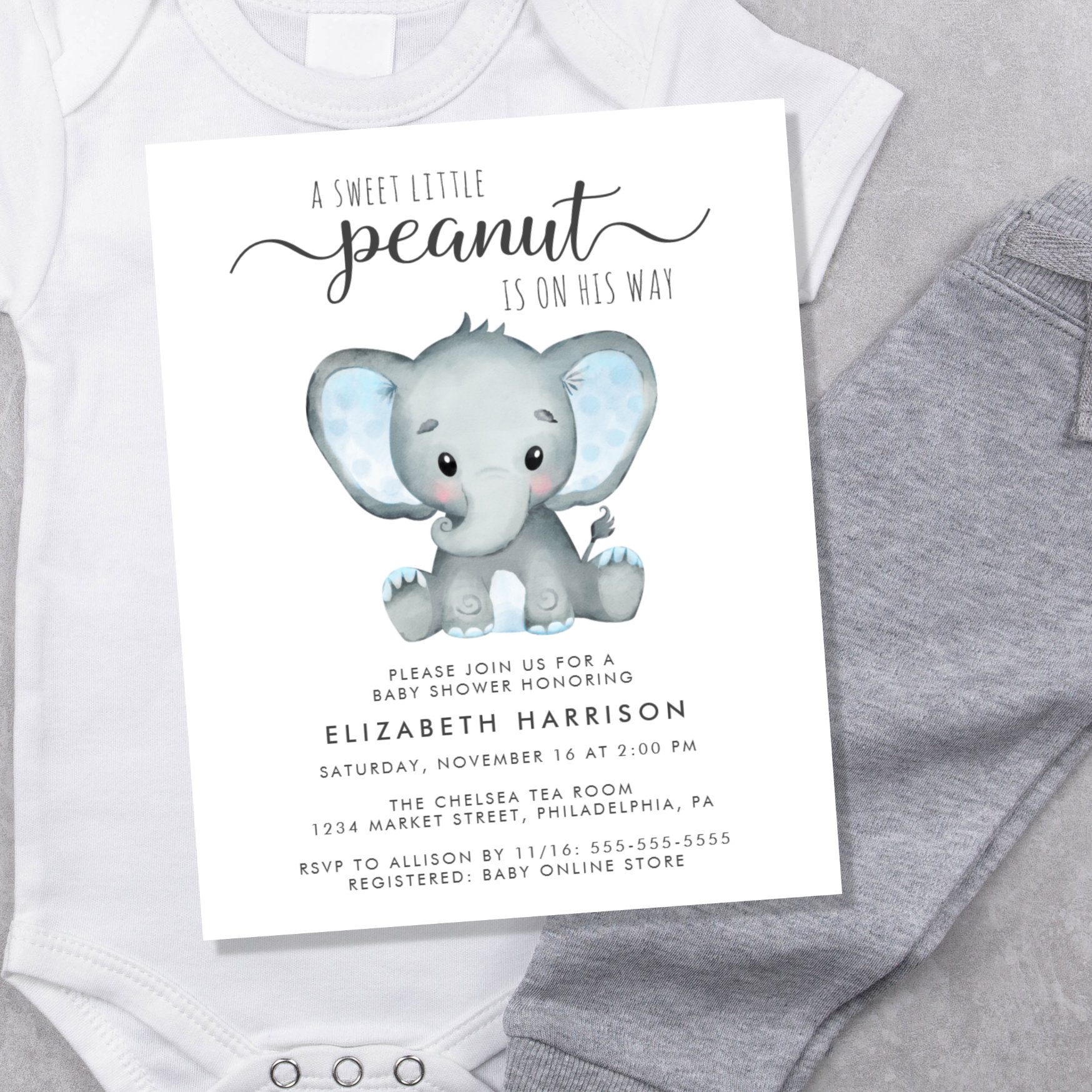 Budget Elephant Blue Baby Boy Shower Invitation