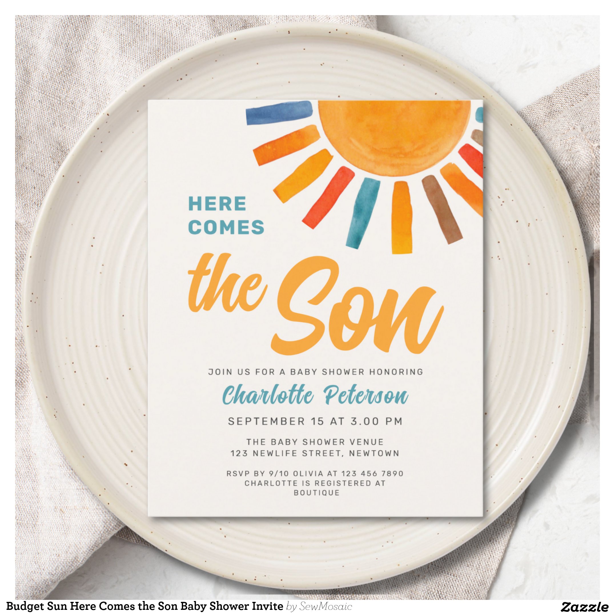 Budget Sun Here Comes the Son Baby Shower Invite