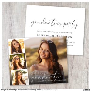 Budget White Script Photo Graduation Party Invite