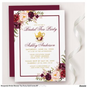 Burgundy Bridal Shower Tea Party Gold Invite BF