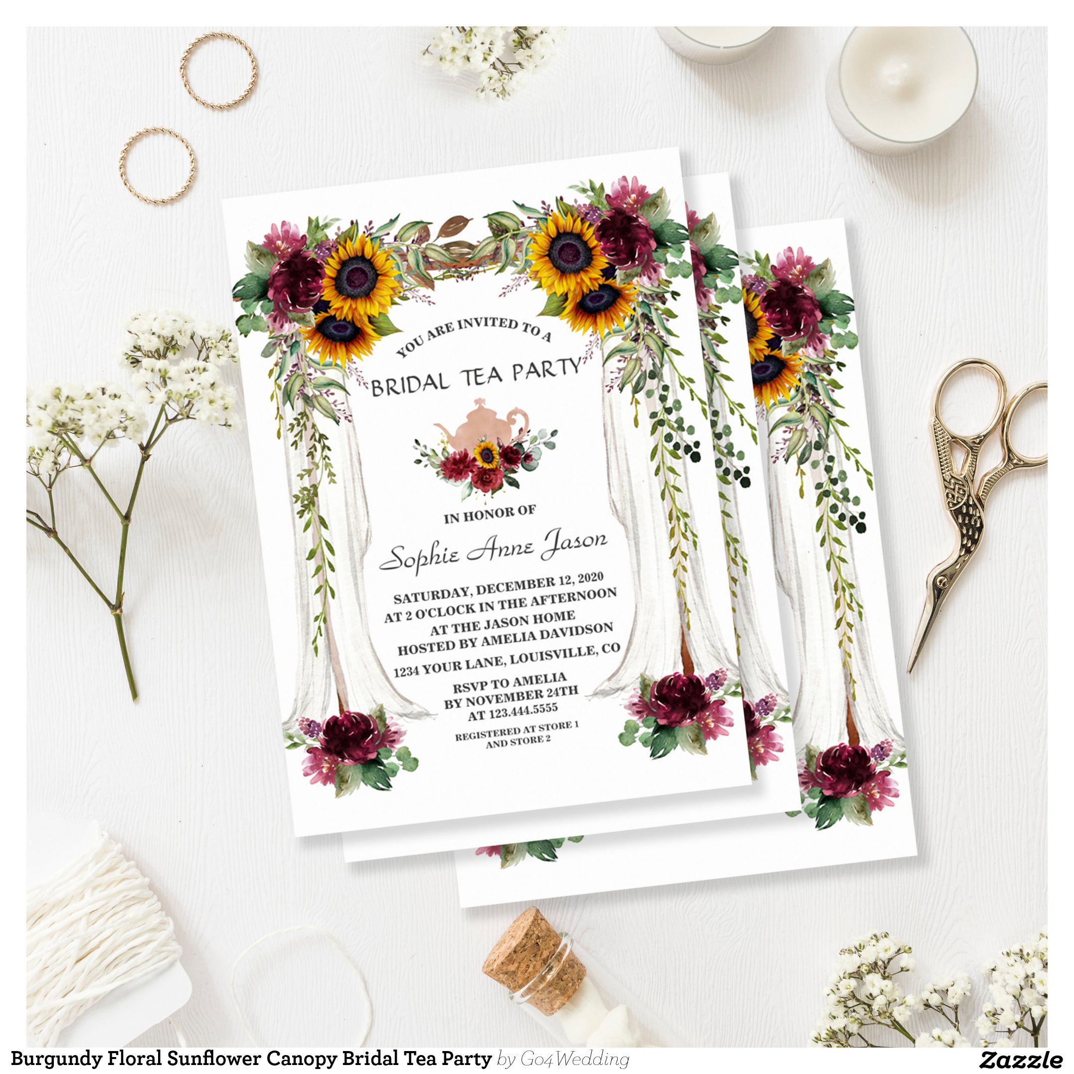 Burgundy Floral Sunflower Canopy Bridal Tea Party Invitation