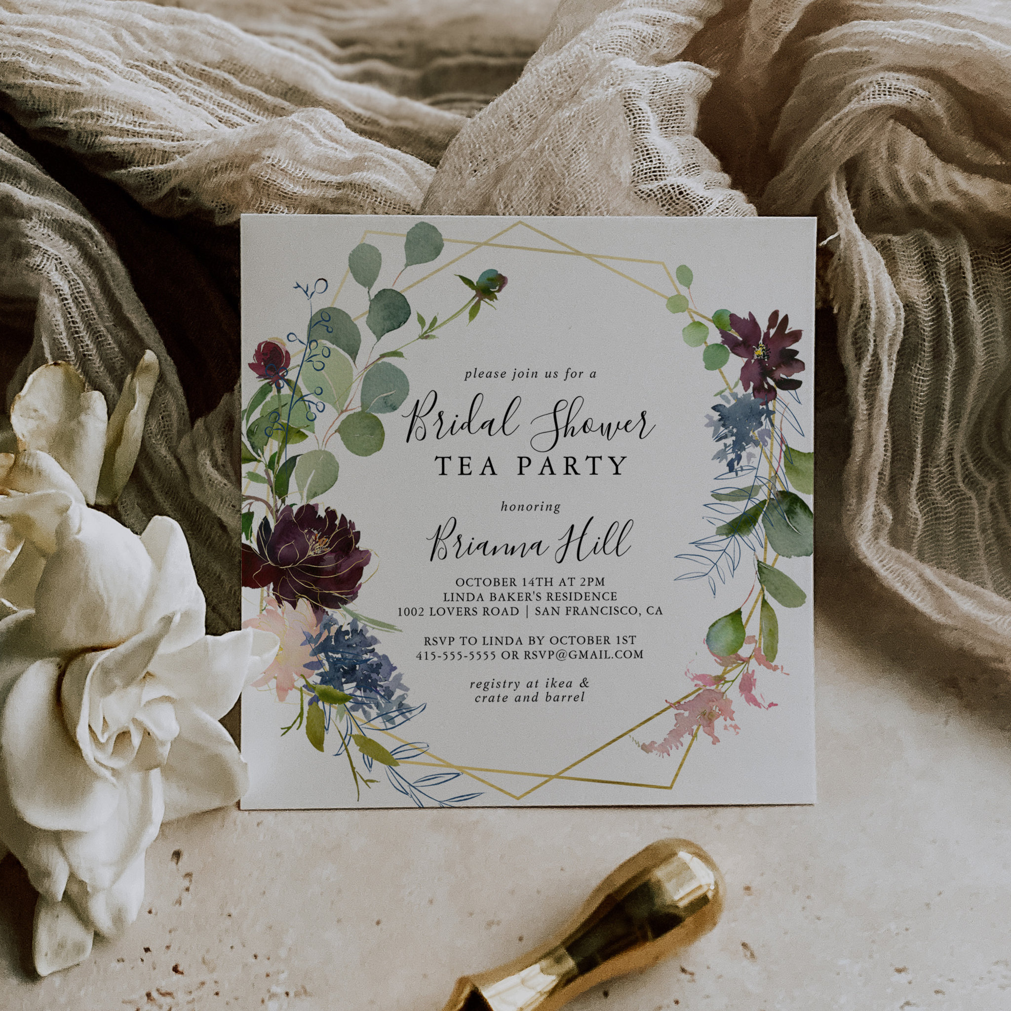 Burgundy Gold Geometric Bridal Shower Tea Party Invitation
