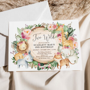 Burgundy Pink Safari Wild Animals 2nd Birthday Invitation
