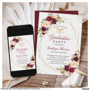 Burgundy Red Floral Registered Nurse Graduation Invitation