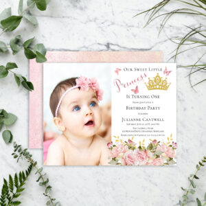 Butterflies Floral Princess Photo 1st Birthday Invitation