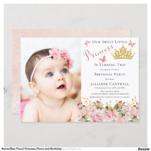 Butterflies Floral Princess Photo 2nd Birthday Invitation