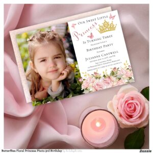Butterflies Floral Princess Photo 3rd Birthday Invitation