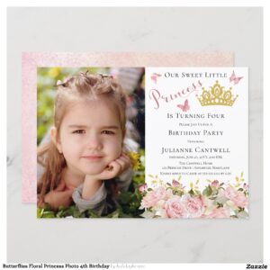 Butterflies Floral Princess Photo 4th Birthday Invitation