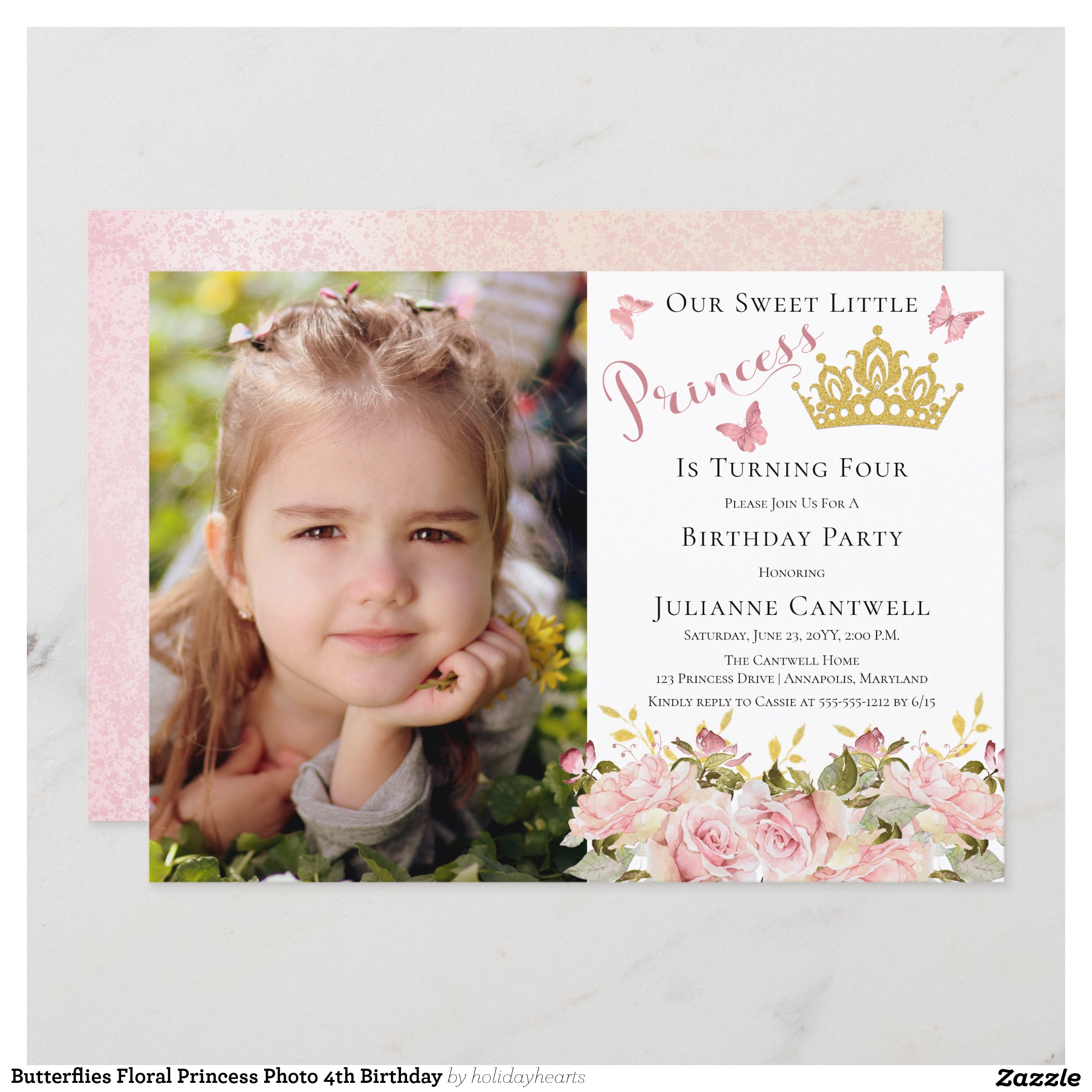 Butterflies Floral Princess Photo 4th Birthday Invitation