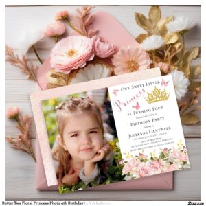 Butterflies Floral Princess Photo 4th Birthday Invitation