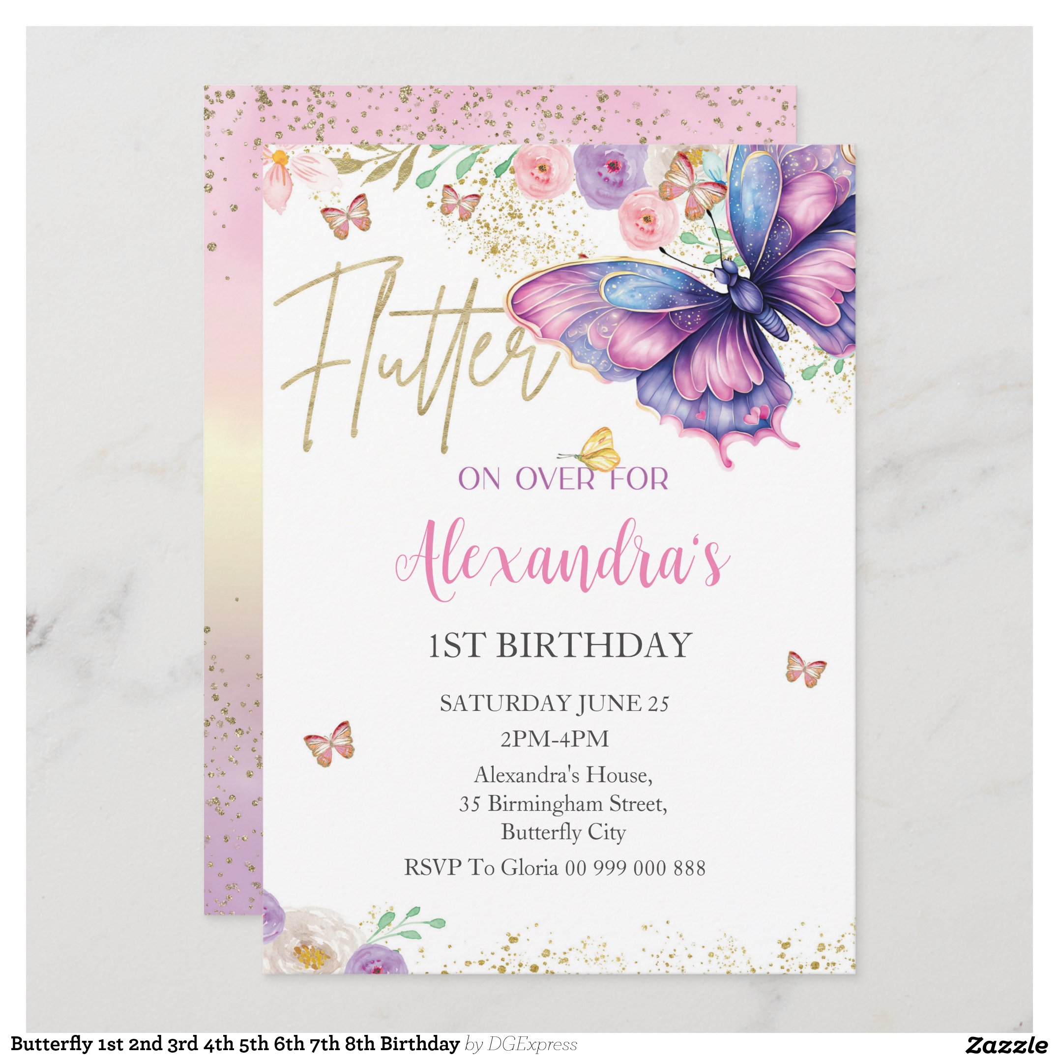 Butterfly 1st 2nd 3rd 4th 5th 6th 7th 8th Birthday Invitation