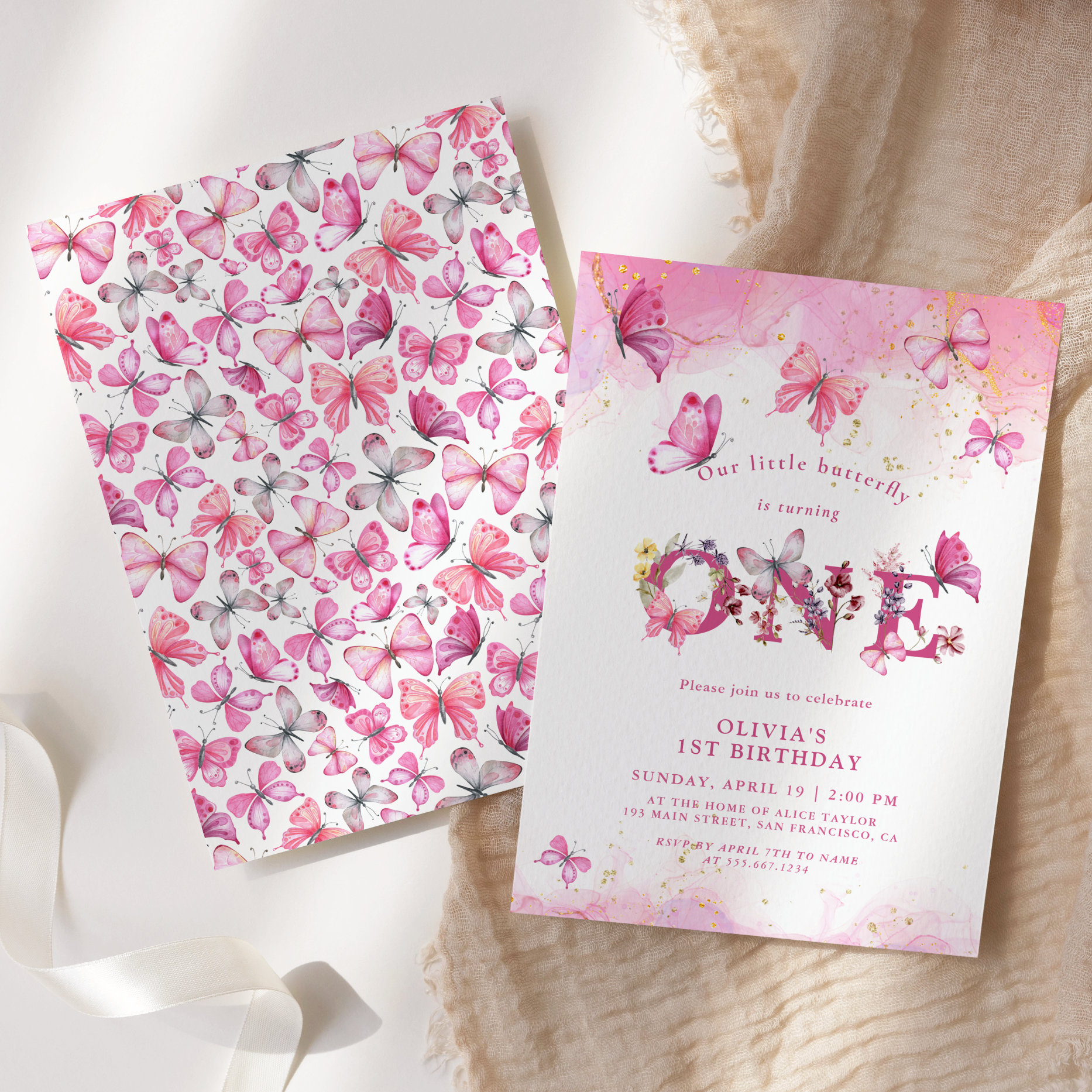 Butterfly 1st Birthday Baby Girl Pink Gold Dust Invitation