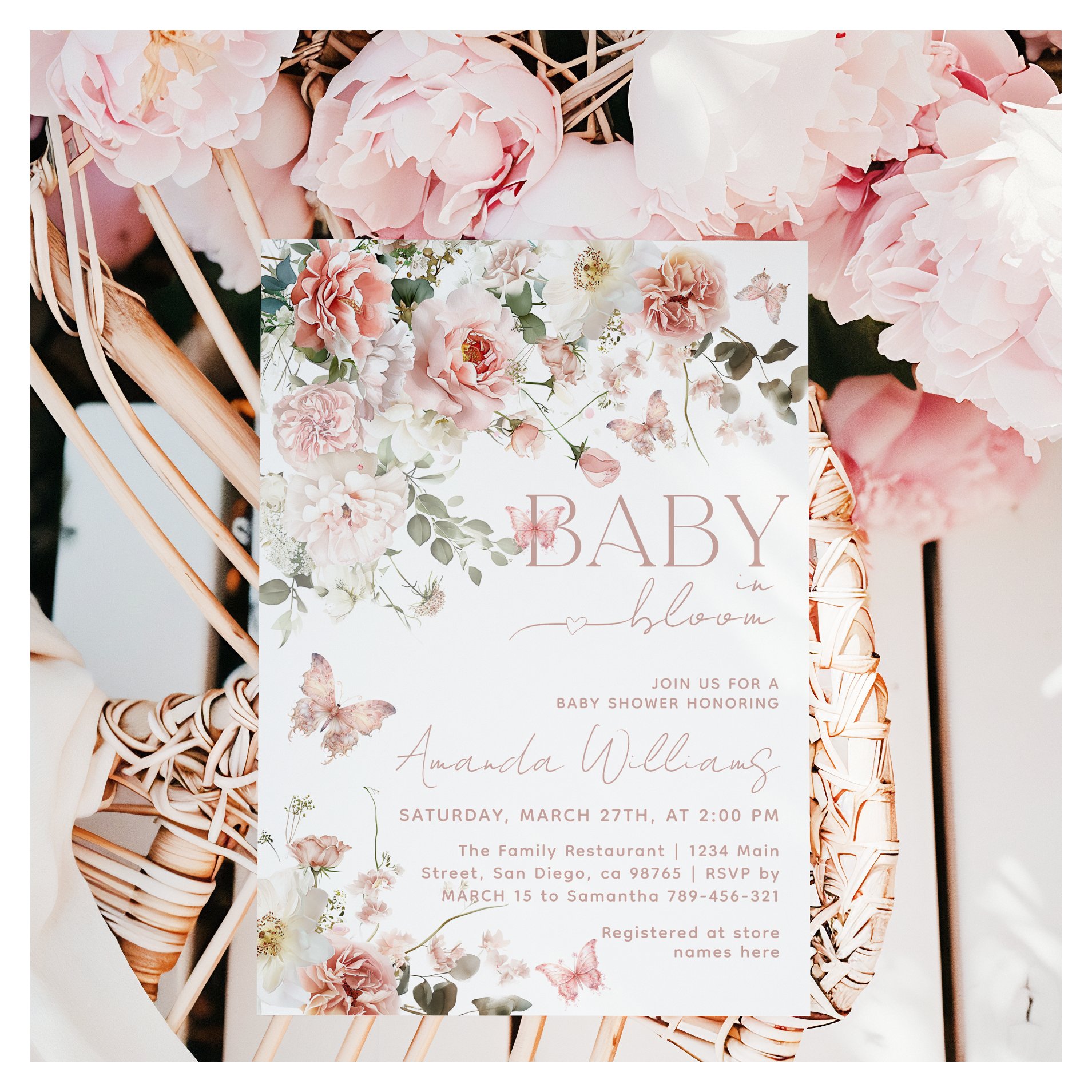 Butterfly Baby in Bloom Pink Floral Baby Shower Invitation