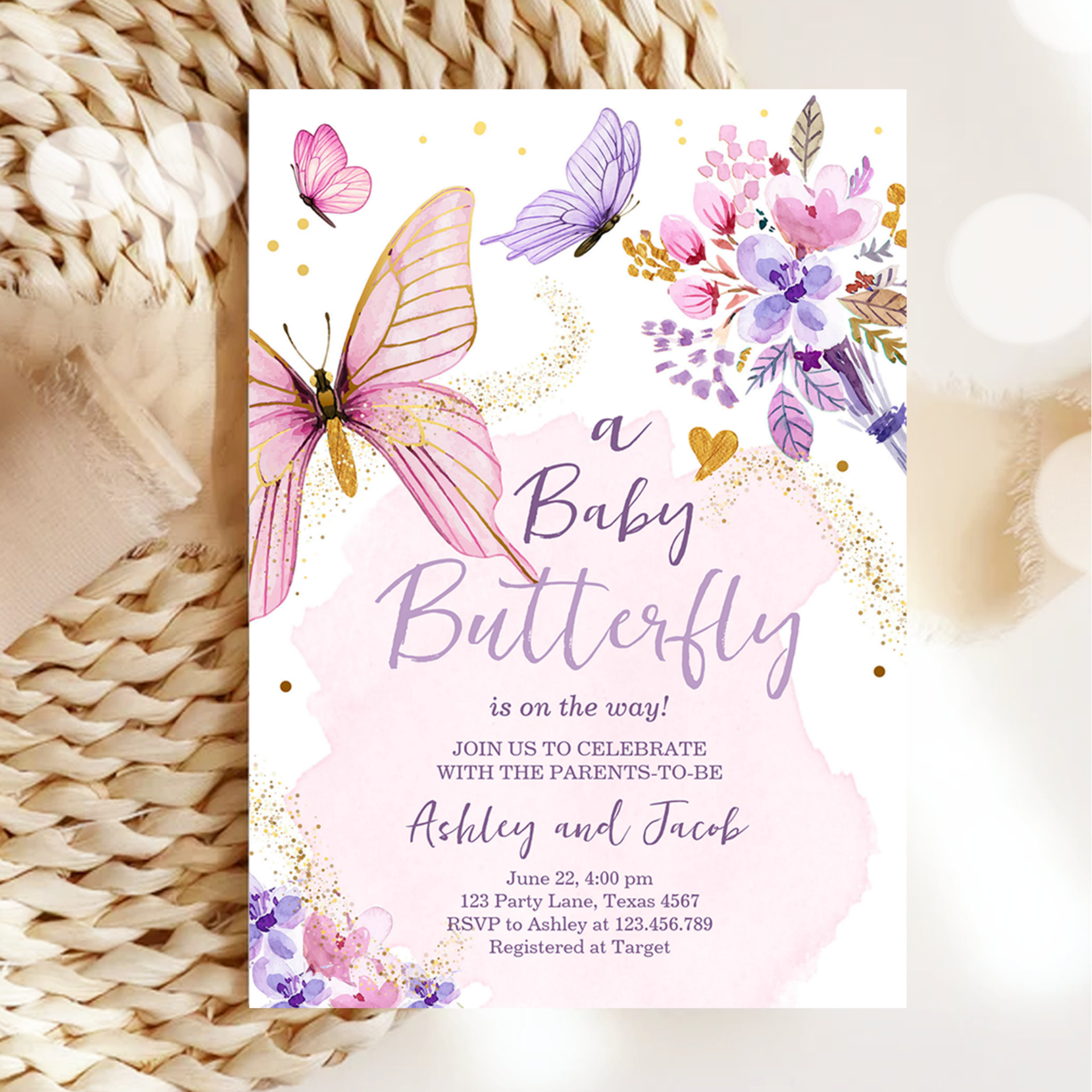 Butterfly Baby Shower Purple Floral Pink Girl Invitation
