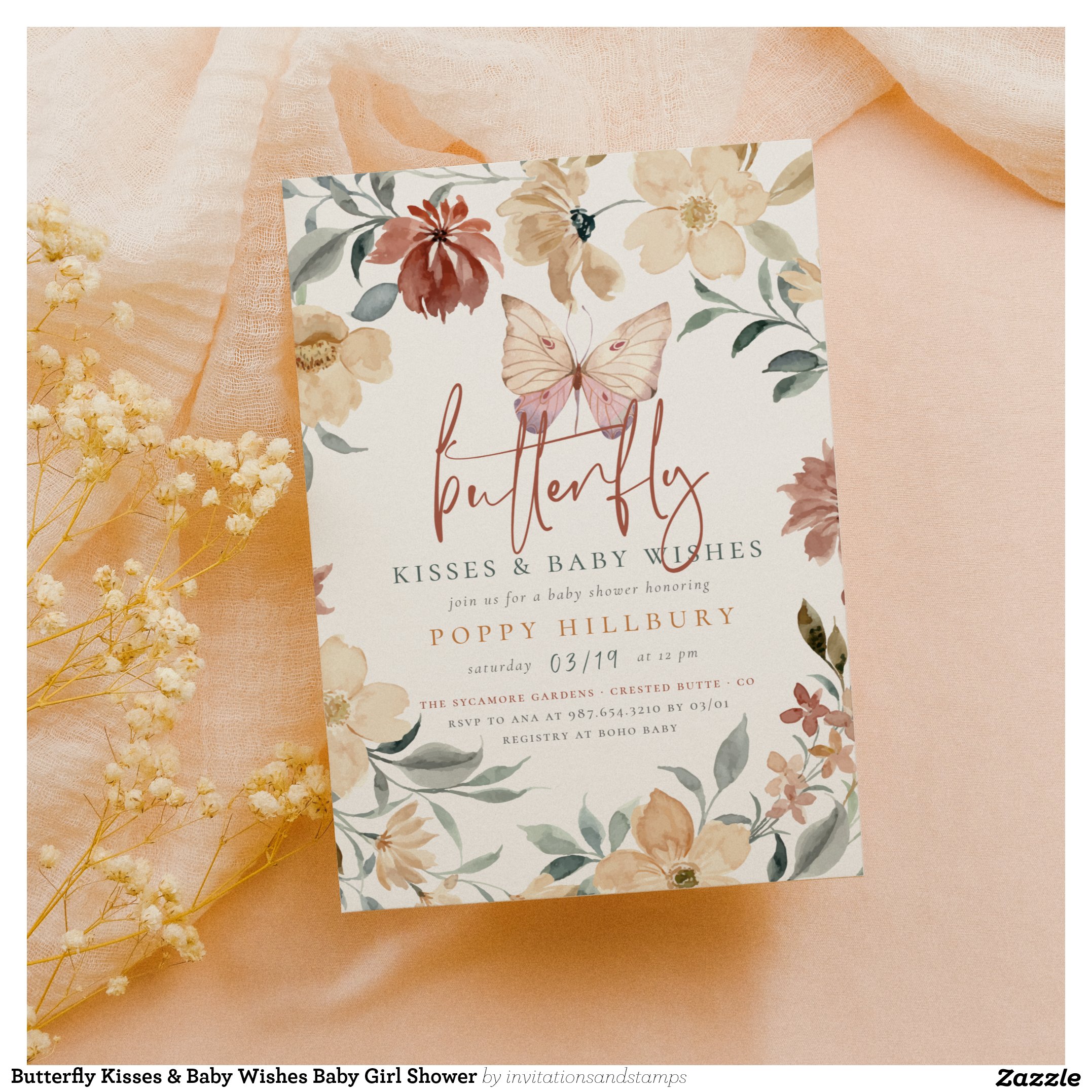 Butterfly Kisses & Baby Wishes Baby Girl Shower Invitation