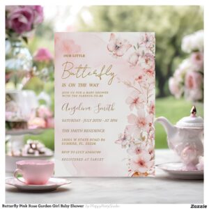 Butterfly Pink Rose Garden Girl Baby Shower Invitation