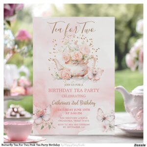 Butterfly Tea For Two Pink Tea Party Birthday Invitation
