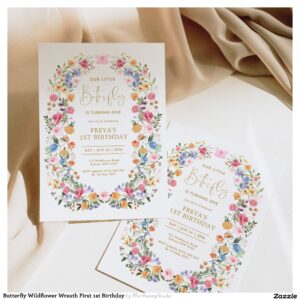 Butterfly Wildflower Wreath First 1st Birthday Invitation