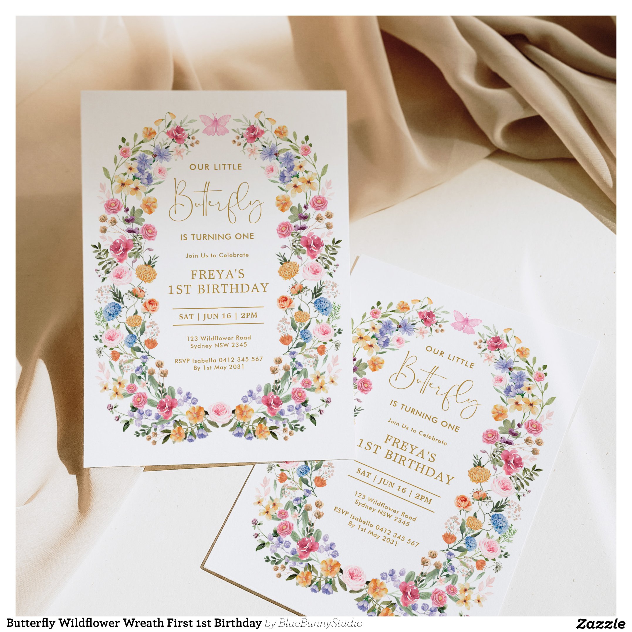 Butterfly Wildflower Wreath First 1st Birthday Invitation