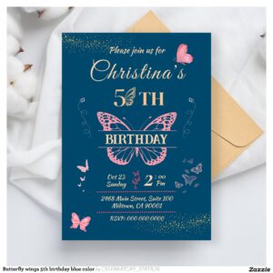 Butterfly wings 5th birthday blue color invitation