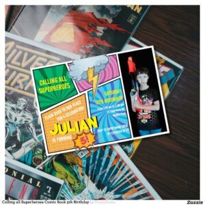 Calling all Superheroes Comic Book 5th Birthday Invitation