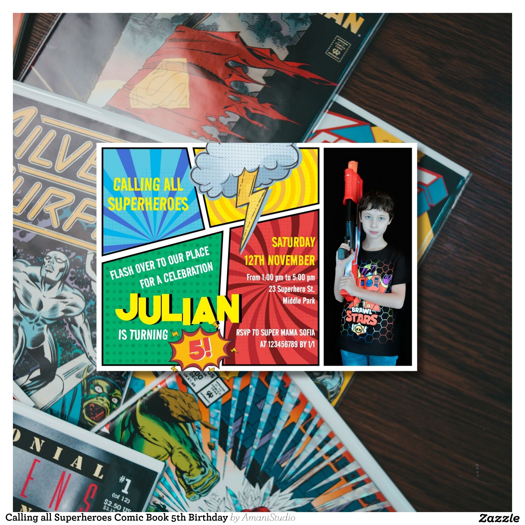 Calling all Superheroes Comic Book 5th Birthday Invitation