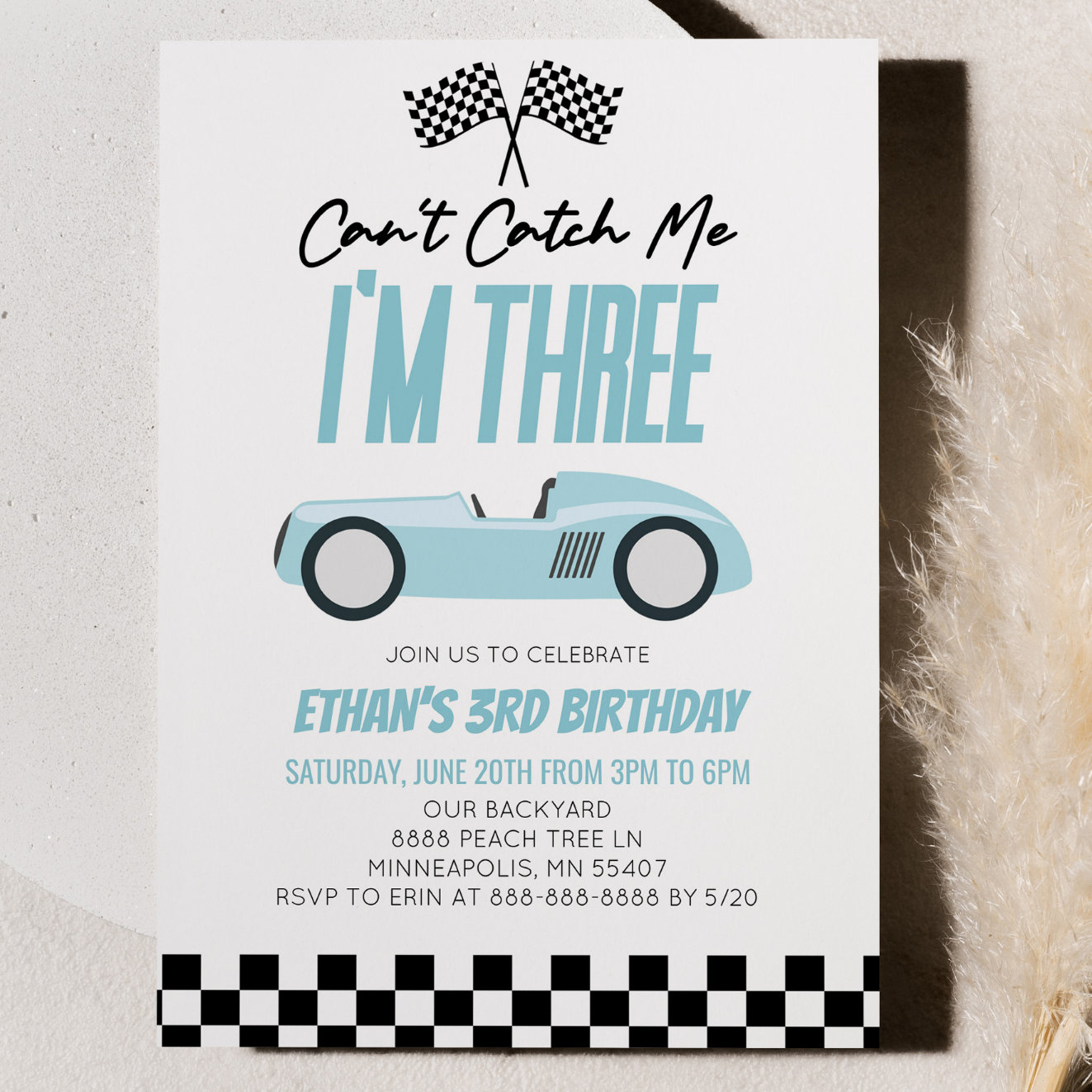 Can't Catch Me Blue Race Car 3rd Birthday Party Invitation