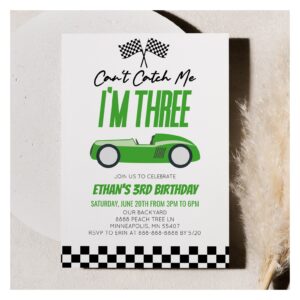 Can't Catch Me Green Race Car 3rd Birthday Party Invitation